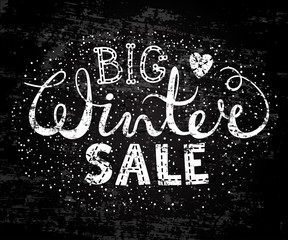 Winter big sale text lettering with heart. Seasonal shopping concept to design banners, price or label.