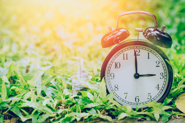 3 o'clock retro clock in the garden grass field with sun light.