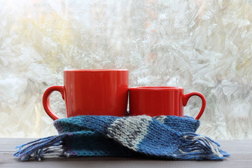 warming cozy atmosphere for breakfast/ big and small red circle standing together in a blue scarf on the background of a frosty window 