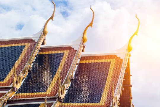 Thai Temple roof of Wat Phra Kaew or the Temple of the Emerald Buddha or Wat Phra Sri Rattana Satsadaram, Bangkok Thailand.