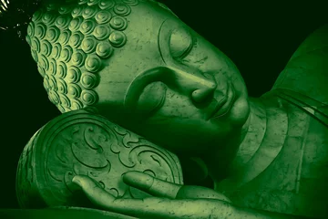 Crédence de cuisine en verre imprimé Bouddha La plus belle illustration 3D colorée de style thaïlandais Bouddha endormi peinture de visage effet d& 39 art ton de couleur vintage.