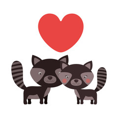 Little couple of animals concept about cute raccons in love design with red hearts. vector illustration 