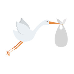cartoon stork holding a baby basket icon over white background. vector illustration