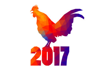 Low poly of colorful Bantam Chicken in 2017 Happy New Year Concept