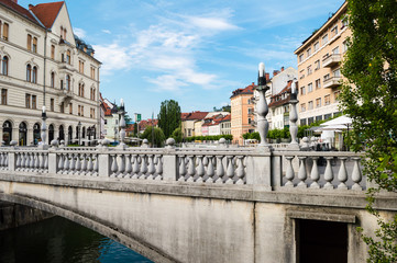 The Triple Bridge over the Ljubljanica River in the Ljubljana city center, Slovenia