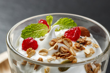 Homemade yogurt with granola, dried fruit and nuts bio - most he