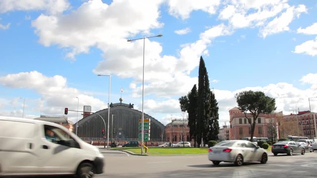Cars traffic front Atocha station in Madrid