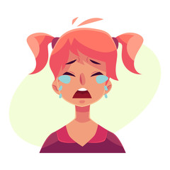 Teen girl face, crying facial expression, cartoon vector illustrations isolated on yellow background. Red-haired girl emoji face crying, shedding tears, sad, heart broken, in grief.