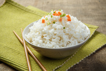 Japan rice with chopsticks on a fabric mat