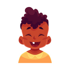 Little boy face, laughing facial expression, cartoon vector illustrations isolated on white background. black male kid emoji face laughing out load, closed eyes and open mouth. Laughing expression