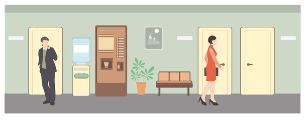 Man and woman in hall. Office life. Flat style vector illustration. Situation in office.