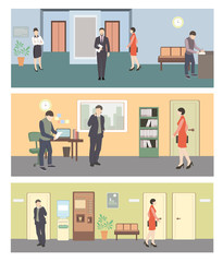 Office life. Man and woman in hall. Men and woman in office. Workplace. Situation in office. People in hall near reception. Flat style vector illustration.