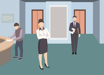 Business characters. Working people. Office life. People in hall, on reception. Employees in office. Work time.Flat design vector illustration.