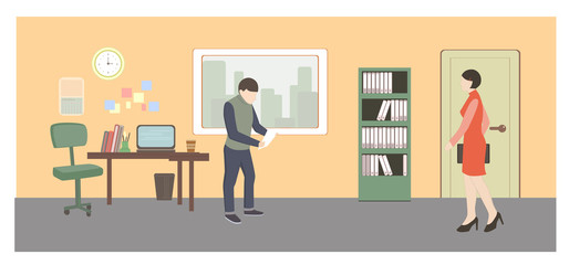 Man and woman in hall. Office life. Flat style vector illustration. Situation in office.