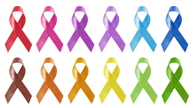 twelve colors of awareness ribbons isolated on white background