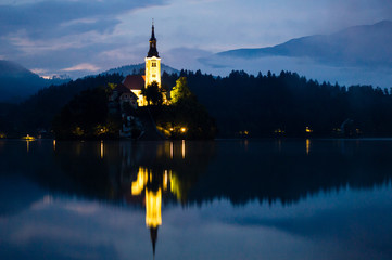 Fototapeta na wymiar Bled lake night landscape, Slovenia