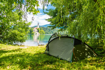 Camping on the coast of Bled lake, Slovenia