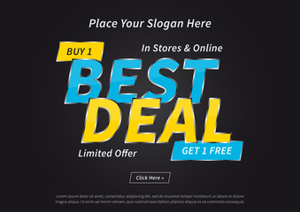 Banner Best Deal Buy 1 Get 1 Free vector illustration on black background. Poster Best Deal Limited Offer creative concept with sample text for websites, retail stores, advertising.