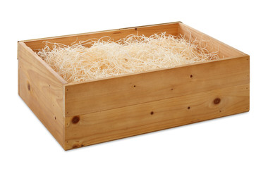 wooden box with wood shavings isolated on white