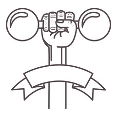 hand holding a dumbbells gym equipment with ribbon icon over white background. sport and exercise design. vector illustration