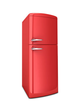 Red refrigerator isolated on white