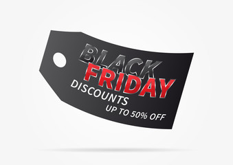 Black Friday with black price tag vector illustration on light grey background. Creative banner Black Friday Discounts Up To 50% Off layout for m-commerce