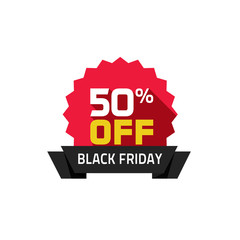 Black Friday sale vector label isolated on white background, 50 percentage off special deal badge with Black Friday ribbon, discount tag, clearance promotion rosette symbol