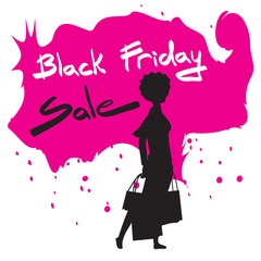 Cute cartoon slim woman silhouette with shopping bags. Black fri
