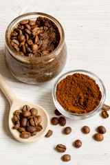 handmade coffee-cocoa scrub on wooden background close up