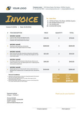 Business invoice template. Stationery design. Vector illustration. Invoice form. Golden and black color theme