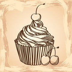 Cupcake with cherries on a beige background.