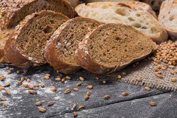 Bakery concept. Plenty of sliced rye bread background