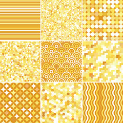 Set of abstract colorful background, 9 geometric pattern, vector illustration. Texture can be used for printing onto fabric and paper. Yellow color.