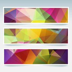 Set of banner templates with colorful abstract background. Modern vector banners with polygonal triangles. Yellow, green, red, purple colors.