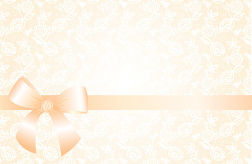 Delicate beige background with lace floral pattern and a bow.