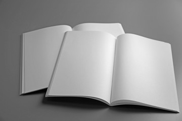 Blank open brochures on grey background