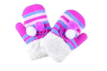 Warm mittens on white background