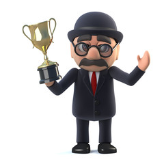 Obraz premium 3d Bowler hatted British businessman has won the gold cup trophy award.