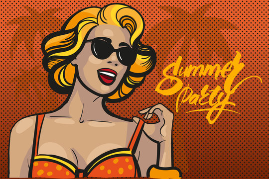 Blond woman in a sunglasses on orange palm background. Vector illustration
