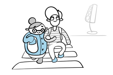 Boy helping old woman cross the street. Comic vector illustration isolated on a white background.