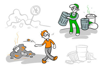 Cartoon garbage man working and man litter. Vetcor illustration isolated over white