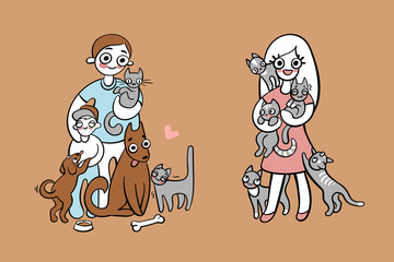 Vector illustration of man and boy with cats and dogs. Woman with cats. Caring for animals. Love pets. Isolated on a white background.