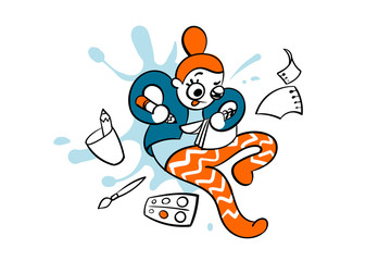 Young woman artist in colorful clothes drawing in the album. Creative designer working. Vector illustration isolated on a white background.