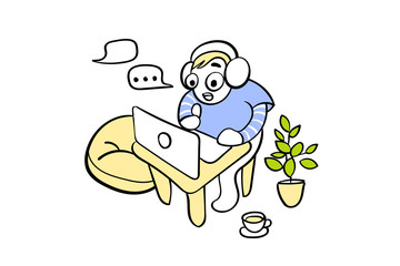 Creative guy chating in the workplace. Vector illustration isolated on a white background.