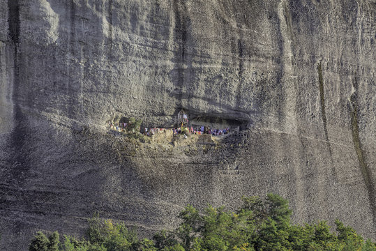 View on St. George Mandila hermitage in Holy Spirit rock cave. Meteora Monastery. Thessaly, Greece.
