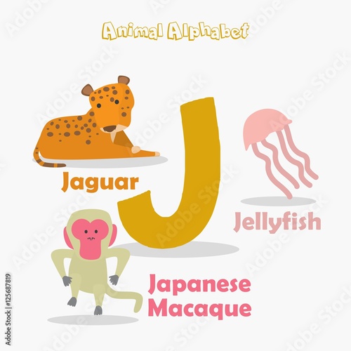 "Cute Animal Zoo Alphabet. Letter J for Jaguar, Jelly fish and Japanese