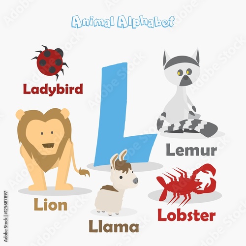 "Cute Animal Zoo Alphabet. Letter L for Lion, Lobster, Lemur and Ladybird." Stock image and