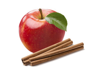 Whole fresh red apple and cinnamon sticks isolated on white background