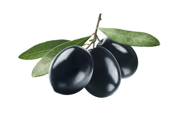 Black double olives with leaves isolated on white background