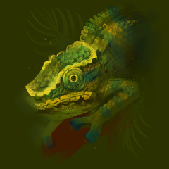chameleon lizard T-shirt graphics, chameleon lizard illustration with splash watercolor textured background. illustration watercolor chameleon for fashion print, poster for textiles, fashion design